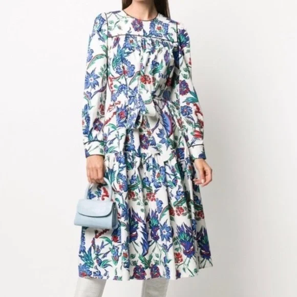 Tory Burch Quilted Yoke Cotton Midi Dress Porcelain Thistle Tory Burch Size  US L